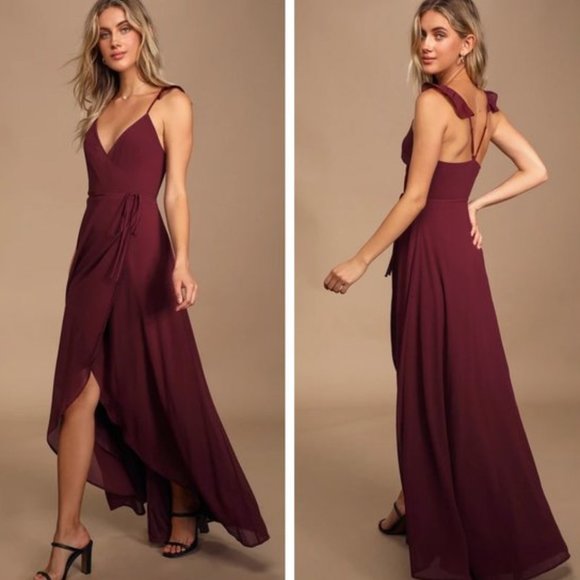 NEW Lulu's Here's to Us Burgundy High-Low Wrap Dress Size Medium - Picture 1 of 15